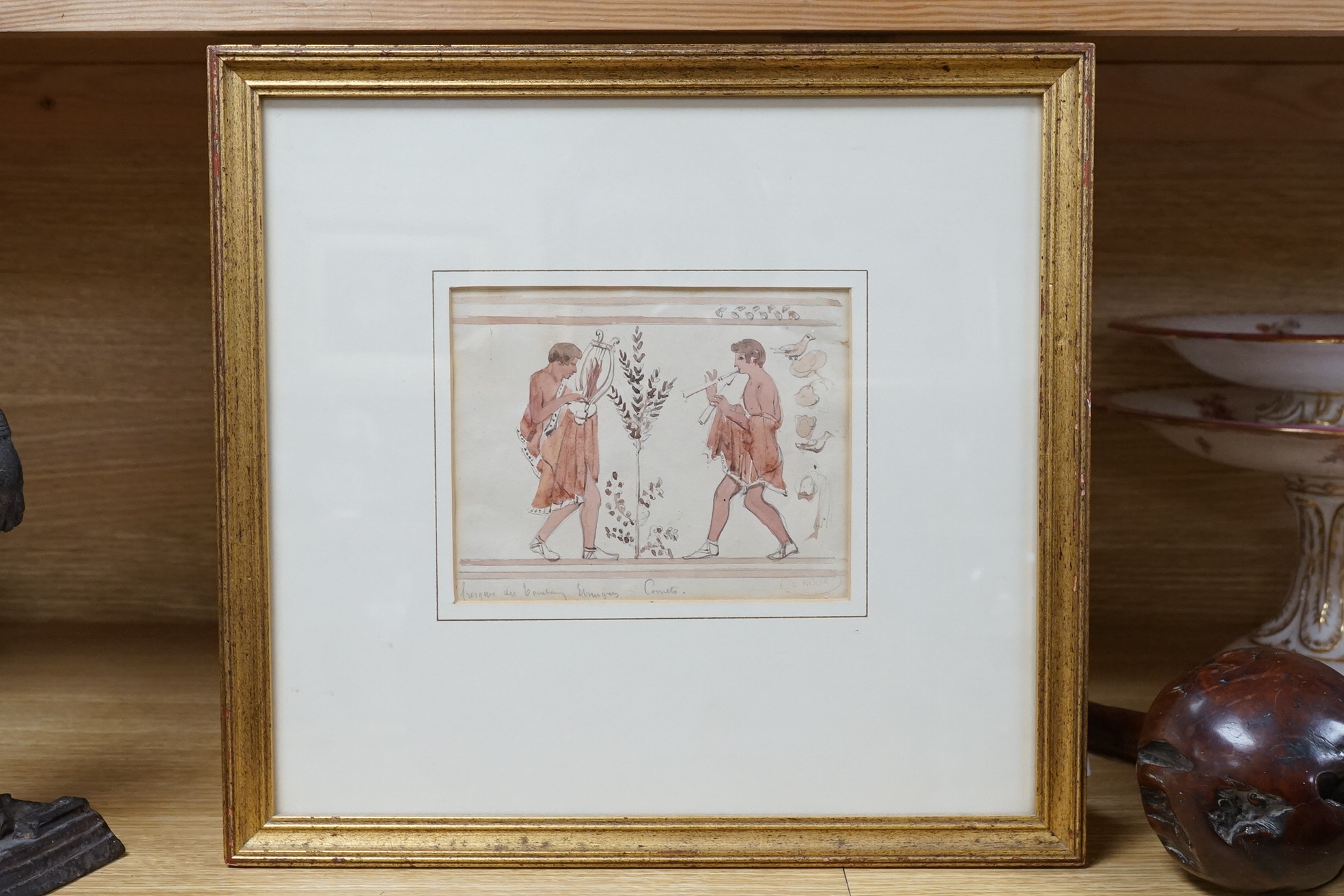 Emile Roux (1822-1915), watercolour, Classical figures playing instruments, inscribed in pencil with artist's studio stamp, Abbott & Holder gallery label verso, 12 x 15cm. Condition - fair to good